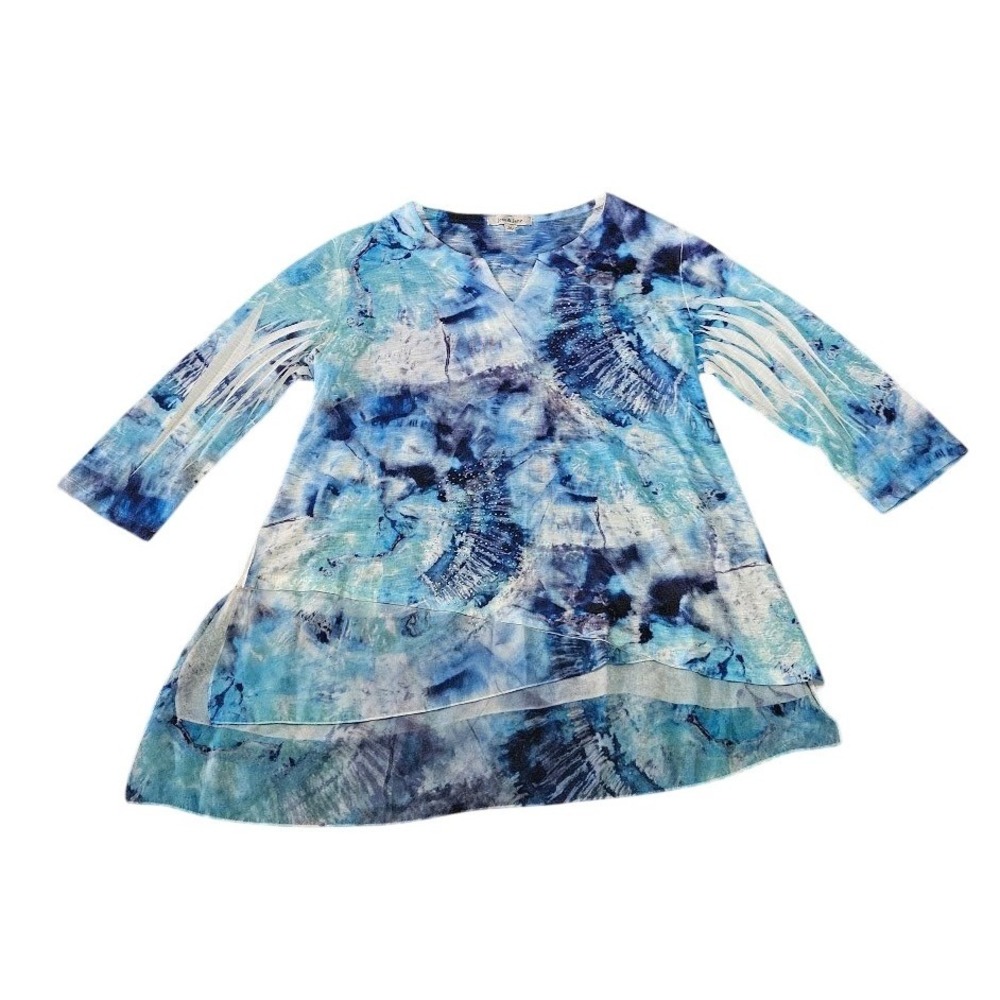 Jess & Jane Blue Tie Dye Tunic Top Rhinestone Lattice Sleeve Asymmetric Medium